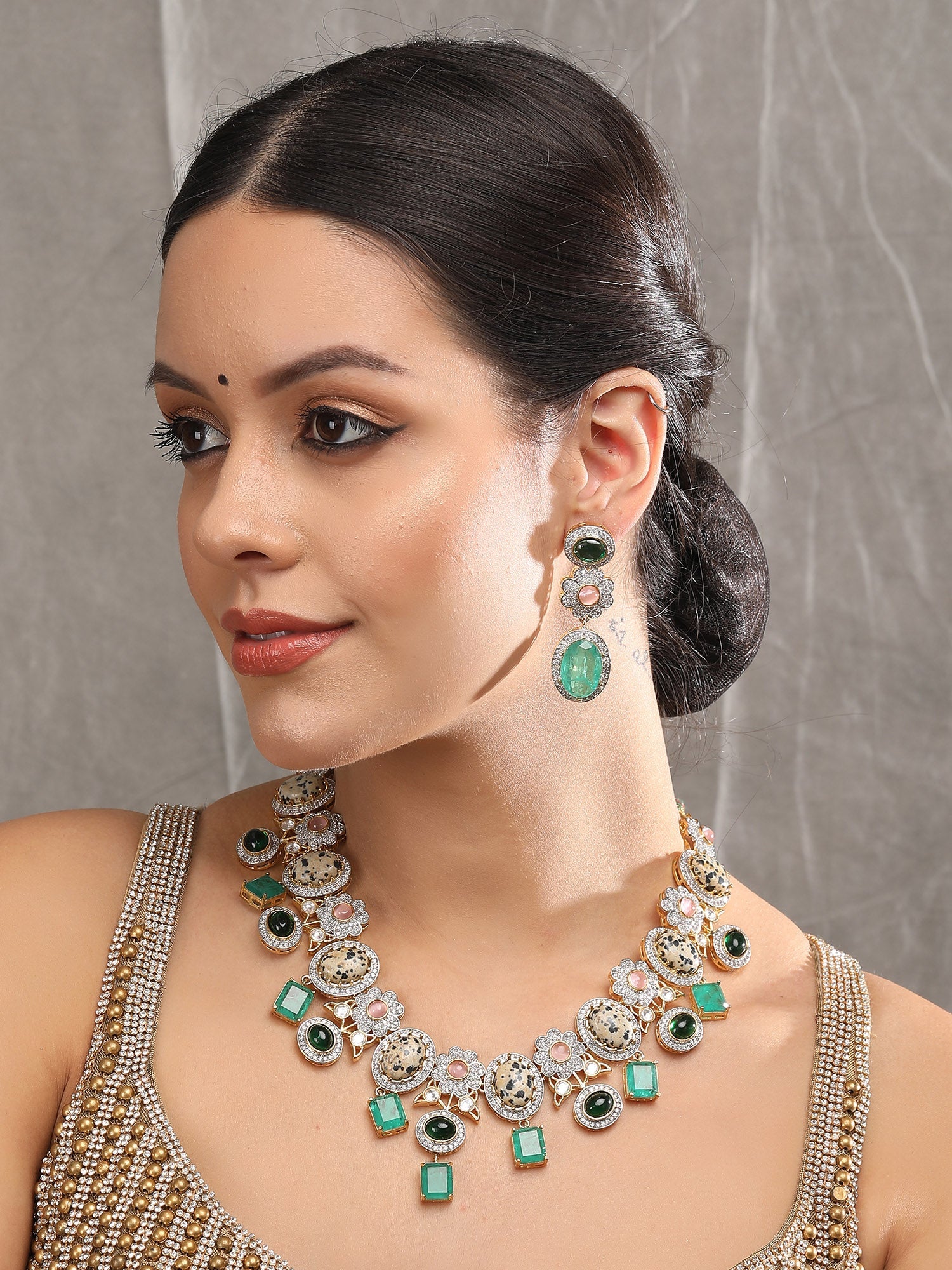Multicolor Zircon-Styled Gold-Toned & White Gold Plated Handcrafted Necklace Set - Auraa Trends - Necklace Set -Festive