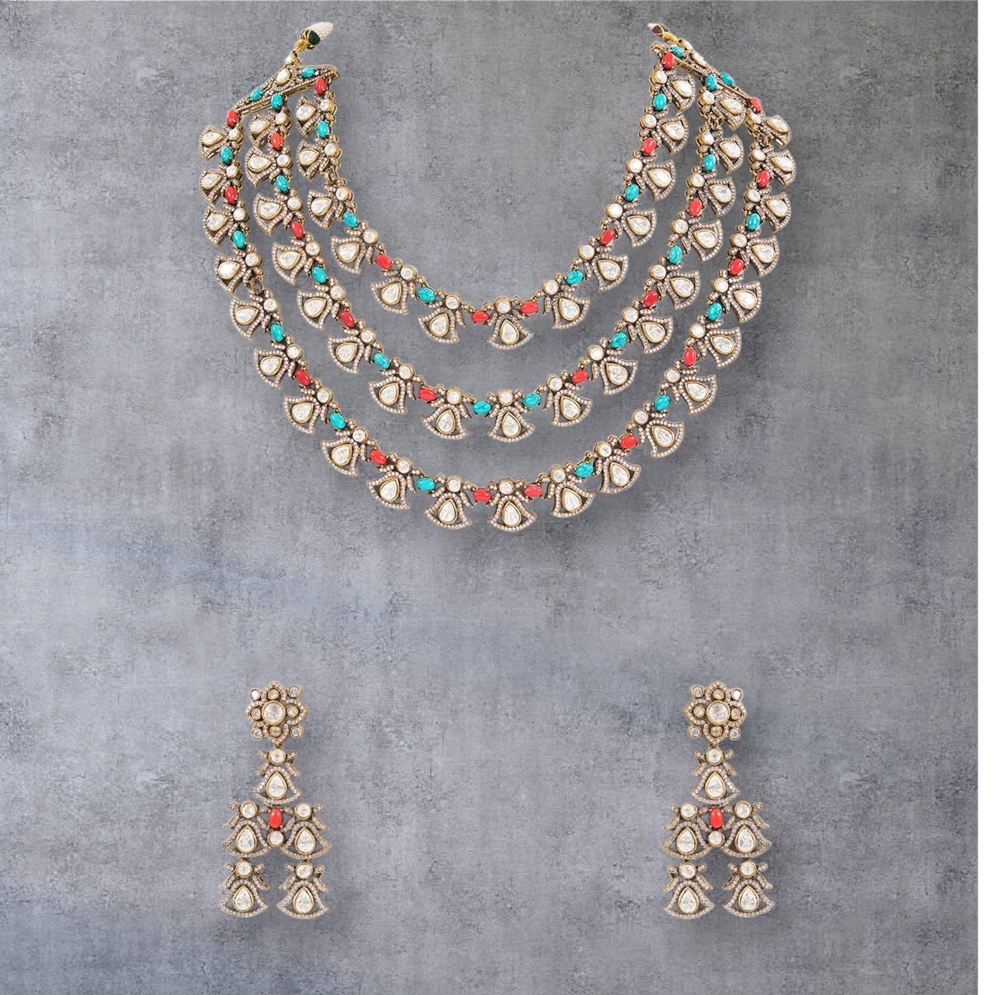 Multicoloured Heritage Polki Layered Necklace Set - Auraa Trends - necklace - # - Auraa Trends - Multicoloured Heritage Polki Layered Necklace Set