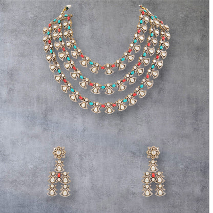 Multicoloured Heritage Polki Layered Necklace Set - Auraa Trends - necklace - # - Auraa Trends - Multicoloured Heritage Polki Layered Necklace Set