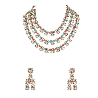 Multicoloured Heritage Polki Layered Necklace Set - Auraa Trends - necklace - # - Auraa Trends - Multicoloured Heritage Polki Layered Necklace Set