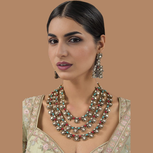 Multicoloured Heritage Polki Layered Necklace Set - Auraa Trends - necklace - # - Auraa Trends - Multicoloured Heritage Polki Layered Necklace Set