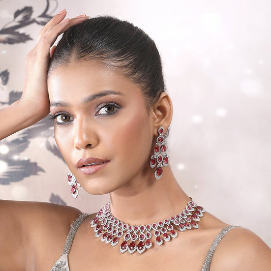 Necklace With Earrings Set For Woman Color Red Silver - Auraa Trends - Necklace Set - Necklace With Earrings Set Online