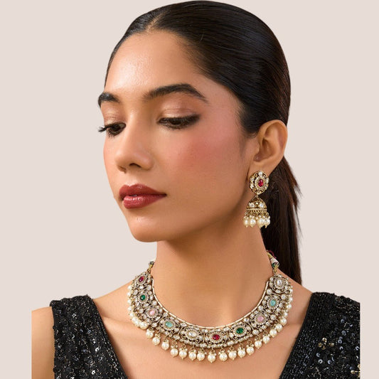 Neckpiece with Gradual Colors, Pearl Dangles, and Jhumka Ear Jewellery - Auraa Trends - Choker - # - Auraa Trends - Neckpiece with Gradual Colors, Pearl Dangles, and Jhumka Ear Jewellery