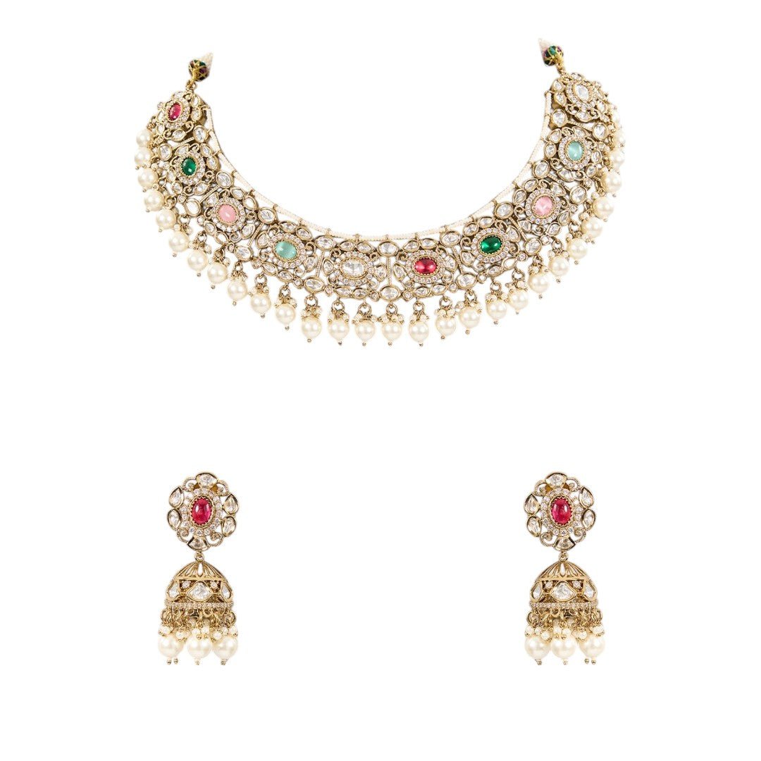 Neckpiece with Gradual Colors, Pearl Dangles, and Jhumka Ear Jewellery - Auraa Trends - Choker - # - Auraa Trends - Neckpiece with Gradual Colors, Pearl Dangles, and Jhumka Ear Jewellery