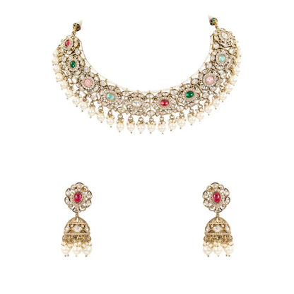Neckpiece with Gradual Colors, Pearl Dangles, and Jhumka Ear Jewellery - Auraa Trends - Choker - # - Auraa Trends - Neckpiece with Gradual Colors, Pearl Dangles, and Jhumka Ear Jewellery