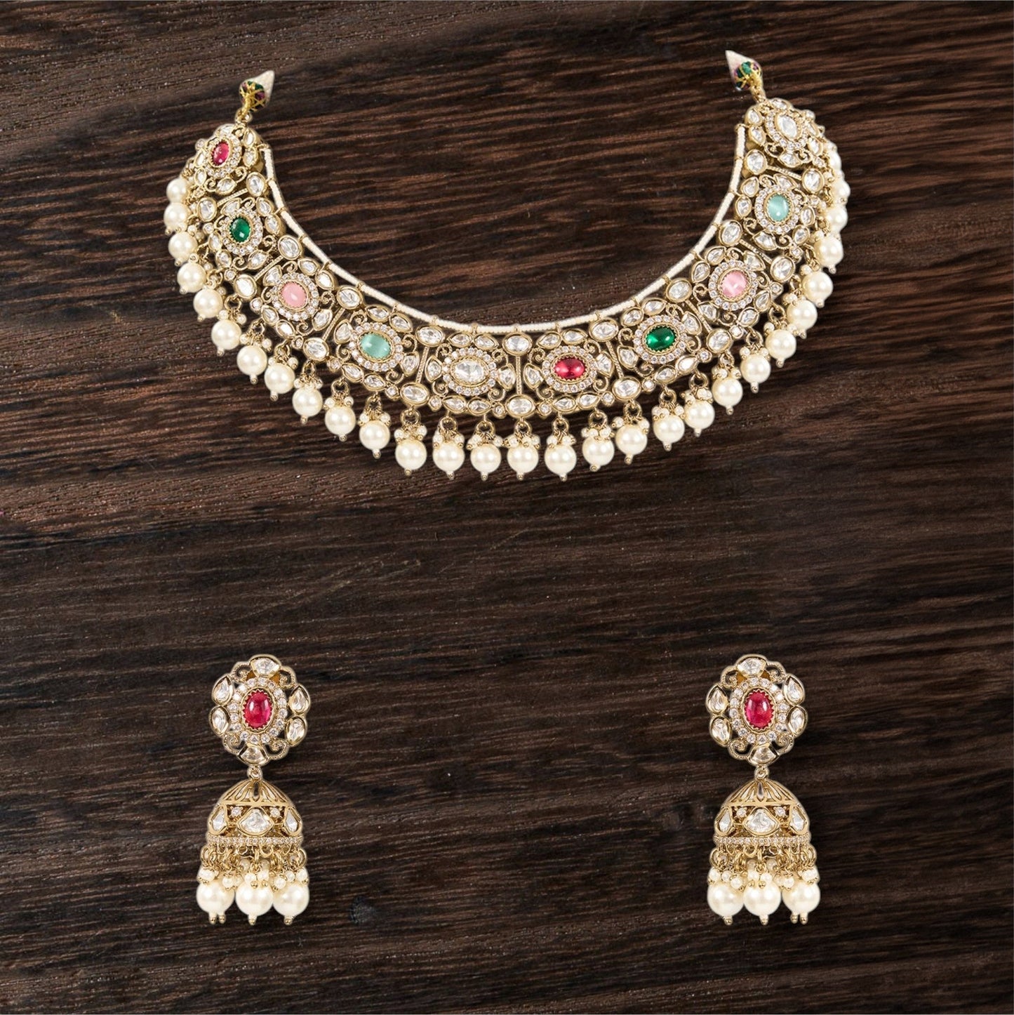 Neckpiece with Gradual Colors, Pearl Dangles, and Jhumka Ear Jewellery - Auraa Trends - Choker - # - Auraa Trends - Neckpiece with Gradual Colors, Pearl Dangles, and Jhumka Ear Jewellery