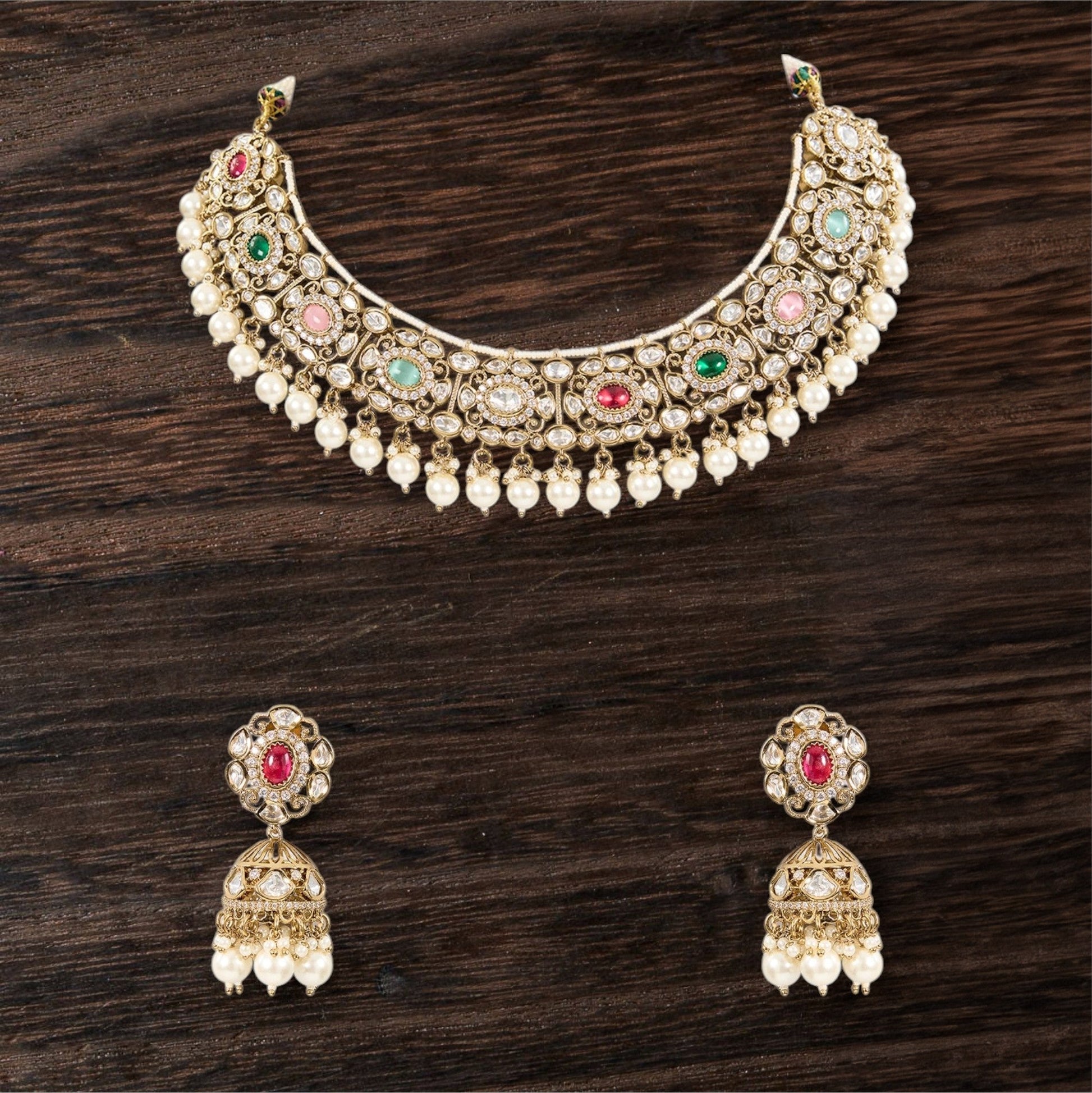 Neckpiece with Gradual Colors, Pearl Dangles, and Jhumka Ear Jewellery - Auraa Trends - Choker - # - Auraa Trends - Neckpiece with Gradual Colors, Pearl Dangles, and Jhumka Ear Jewellery