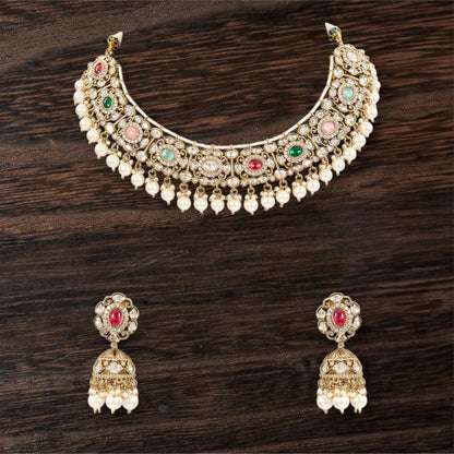 Neckpiece with Gradual Colors, Pearl Dangles, and Jhumka Ear Jewellery - Auraa Trends - Choker - # - Auraa Trends - Neckpiece with Gradual Colors, Pearl Dangles, and Jhumka Ear Jewellery
