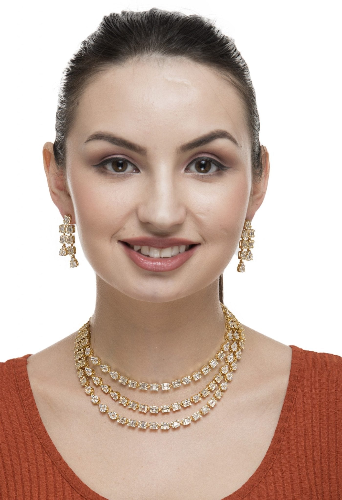 Opulent Diamonte 3 Strings Necklace Set - Auraa Trends - Necklace Set Auraa Trends - Opulent Diamonte 3 Strings Necklace Set