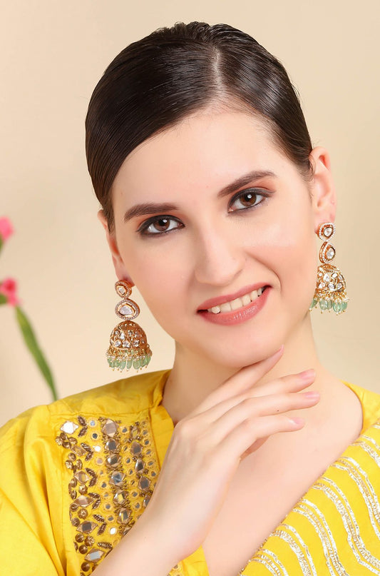Ornate Gold Plated Kundan Jhumka Earrings - Auraa Trends - Jhumkas - # - Auraa Trends - Ornate Gold Plated Kundan Jhumka Earrings
