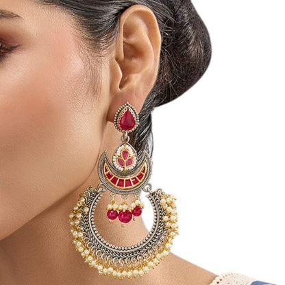 Oxidised Silver - Plated Pearl & Kundan Chandbali Earrings for Women - Auraa Trends - Earrings -  - Auraa Trends - Traditional oxidised silver Chandbali earrings with red kundan stones, pearl drops, and intricate work