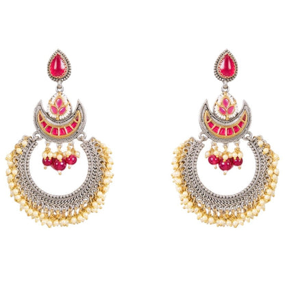 Oxidised Silver - Plated Pearl & Kundan Chandbali Earrings for Women - Auraa Trends - Earrings -  - Auraa Trends - Traditional oxidised silver Chandbali earrings with red kundan stones, pearl drops, and intricate work