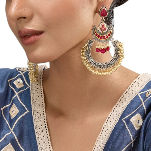 Oxidised Silver - Plated Pearl & Kundan Chandbali Earrings for Women - Auraa Trends - Earrings -  - Auraa Trends - Traditional oxidised silver Chandbali earrings with red kundan stones, pearl drops, and intricate work