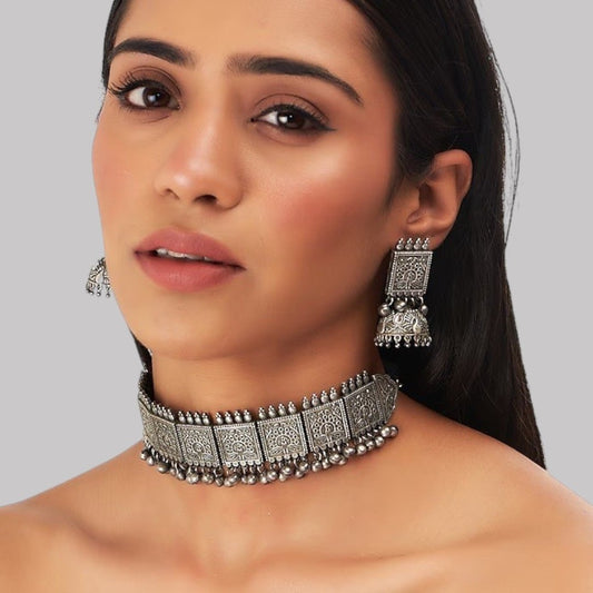Oxidised Silver - Plated Temple Design Choker Necklace Set with Earrings for Women - Auraa Trends - Necklace Set -  - Auraa Trends - "Oxidised silver temple design choker necklace with earrings set for women – ethnic Indian jewelry"