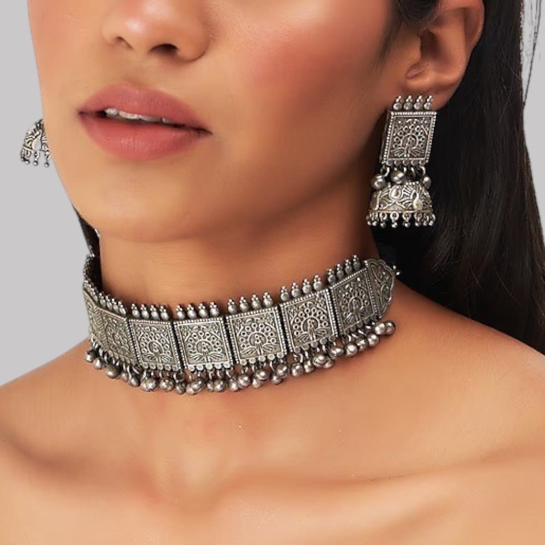 Oxidised Silver - Plated Temple Design Choker Necklace Set with Earrings for Women - Auraa Trends - Necklace Set -  - Auraa Trends - "Oxidised silver temple design choker necklace with earrings set for women – ethnic Indian jewelry"