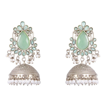 Oxidized Silver Jhumka Earrings with Mint Green Stones & Pearl Drops - Auraa Trends - Earrings -  - Auraa Trends - "Oxidized silver jhumka earrings with mint green teardrop stones, floral top design and white pearl bead danglers – traditional ethnic jewelry for women."