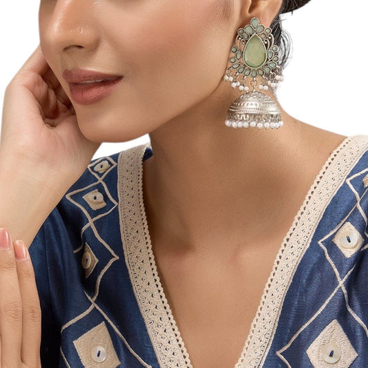 Oxidized Silver Jhumka Earrings with Mint Green Stones & Pearl Drops - Auraa Trends - Earrings -  - Auraa Trends - "Oxidized silver jhumka earrings with mint green teardrop stones, floral top design and white pearl bead danglers – traditional ethnic jewelry for women."