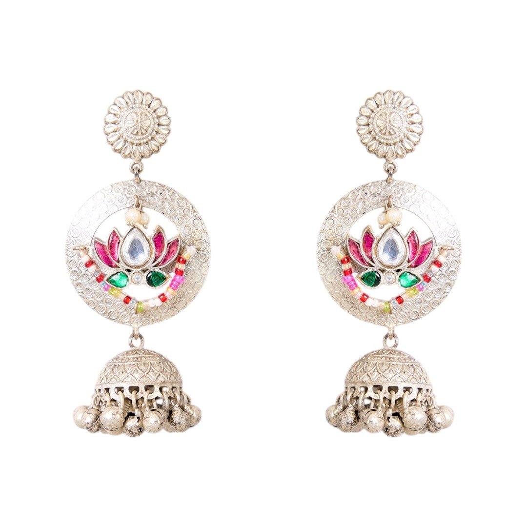 Oxidized Silver Necklace Set with Multicolor Enamel & Lotus Motif Earrings - Auraa Trends - Necklace -  - Auraa Trends - Handcrafted oxidized silver - tone necklace set with multicolor enamel lotus motifs, medallion detailing, and matching jhumka earrings