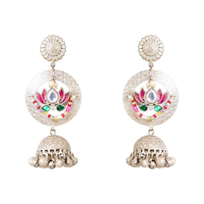 Oxidized Silver Necklace Set with Multicolor Enamel & Lotus Motif Earrings - Auraa Trends - Necklace -  - Auraa Trends - Handcrafted oxidized silver - tone necklace set with multicolor enamel lotus motifs, medallion detailing, and matching jhumka earrings