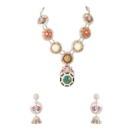 Oxidized Silver Necklace Set with Multicolor Enamel & Lotus Motif Earrings - Auraa Trends - Necklace -  - Auraa Trends - Handcrafted oxidized silver - tone necklace set with multicolor enamel lotus motifs, medallion detailing, and matching jhumka earrings