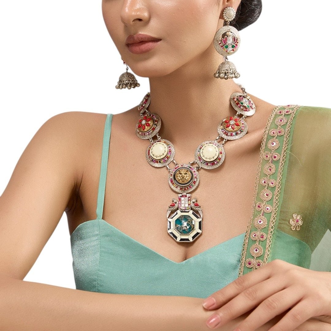 Oxidized Silver Necklace Set with Multicolor Enamel & Lotus Motif Earrings - Auraa Trends - Necklace -  - Auraa Trends - Handcrafted oxidized silver - tone necklace set with multicolor enamel lotus motifs, medallion detailing, and matching jhumka earrings