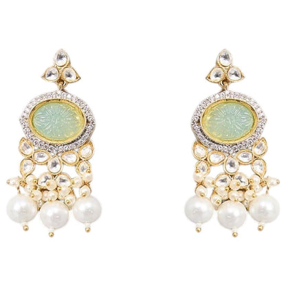 Pastel Green Kundan Pearl Choker Necklace Set with Earrings - Auraa Trends - Necklace Set -  - Auraa Trends - "Pastel green kundan choker necklace with pearl detailing and matching earrings – Gold - plated Indian bridal jewelry set for women"