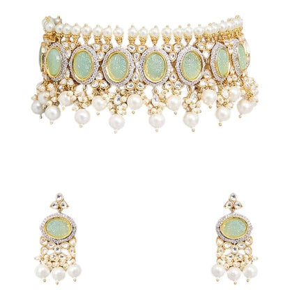 Pastel Green Kundan Pearl Choker Necklace Set with Earrings - Auraa Trends - Necklace Set -  - Auraa Trends - "Pastel green kundan choker necklace with pearl detailing and matching earrings – Gold - plated Indian bridal jewelry set for women"