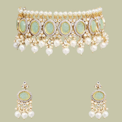 Pastel Green Kundan Pearl Choker Necklace Set with Earrings - Auraa Trends - Necklace Set -  - Auraa Trends - "Pastel green kundan choker necklace with pearl detailing and matching earrings – Gold - plated Indian bridal jewelry set for women"