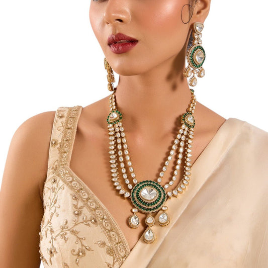 Pearl &amp; Polki Layered Kundan Necklace Set with Green Detailing - Auraa Trends - Necklace - Kundan Necklace  Green Set