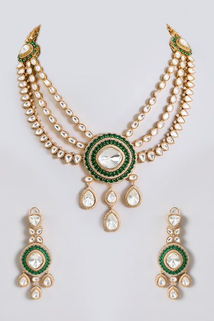 Pearl &amp; Polki Layered Kundan Necklace Set with Green Detailing - Auraa Trends - Necklace - Kundan Necklace  Green Set