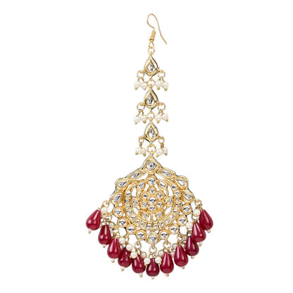 Plated Gold and Red Maangtikka with Pearl and Stone - Auraa Trends - Maangtika - # - Auraa Trends - Plated Gold and Red Maangtikka with Pearl and Stone
