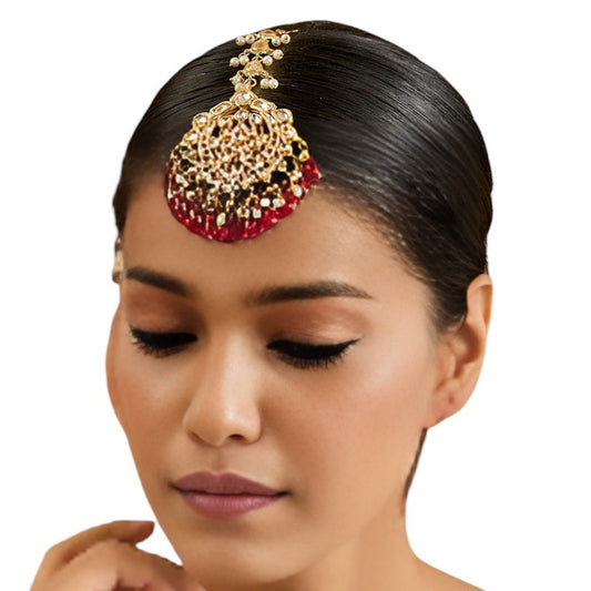 Plated Gold and Red Maangtikka with Pearl and Stone - Auraa Trends - Maangtika - # - Auraa Trends - Plated Gold and Red Maangtikka with Pearl and Stone