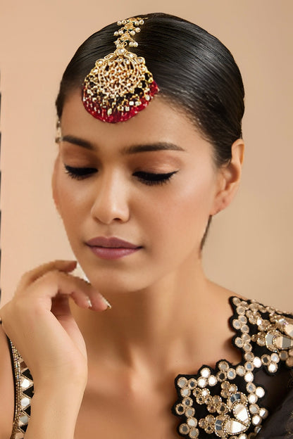 Plated Gold and Red Maangtikka with Pearl and Stone - Auraa Trends - Maangtika - # - Auraa Trends - Plated Gold and Red Maangtikka with Pearl and Stone