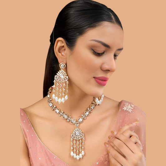 Polki Kundan Pearl Drop Necklace Set. - Auraa Trends - necklace - # - Auraa Trends - Polki Kundan Pearl Drop Necklace Set.
