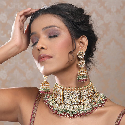 Polki necklace set with matching earrings - Auraa Trends - Necklace Set - Polki necklace set with matching earrings