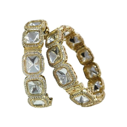 Premium Gold-Plated Kundan Bangles with Square Polki Stones - Auraa Trends