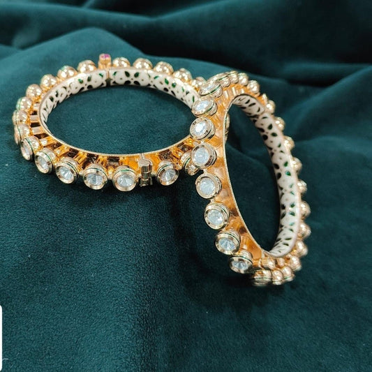 Premium Gold - Plated Openable Kundan Bangles with White Enamel Detailing for Women - Auraa Trends - Bangles -  - Auraa Trends - "Gold - plated openable kundan bangles with white enamel detailing and large round stones – traditional Indian festive jewelry"
