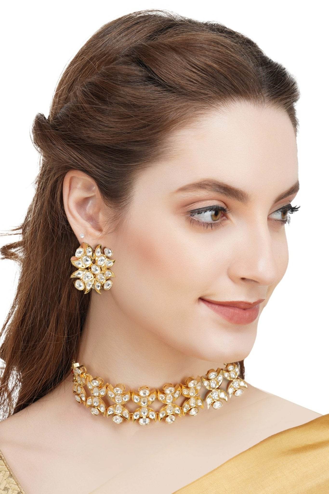 Prestigious Gold Plated Kundan Choker Necklace Set - Auraa Trends