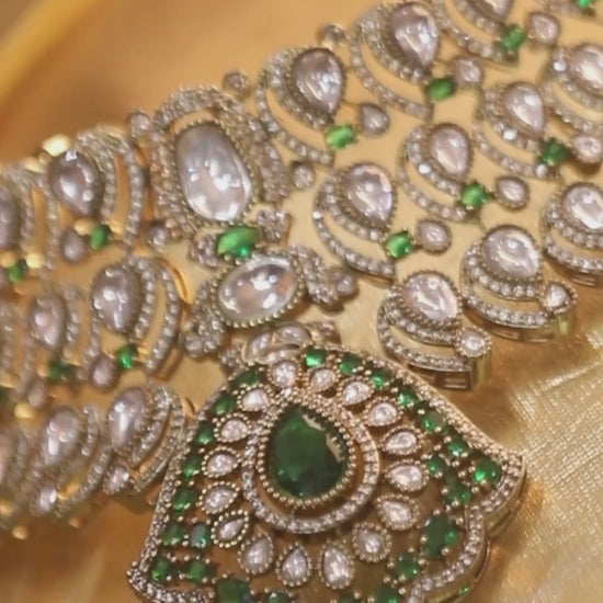Traditional Kundan choker necklace set with green stones and matching earrings