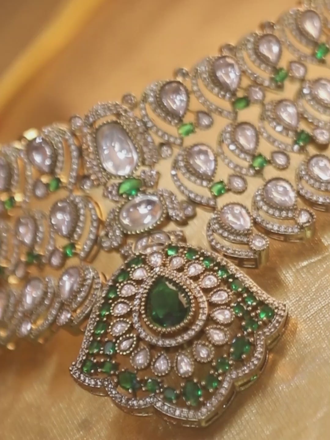 Traditional Kundan choker necklace set with green stones and matching earrings