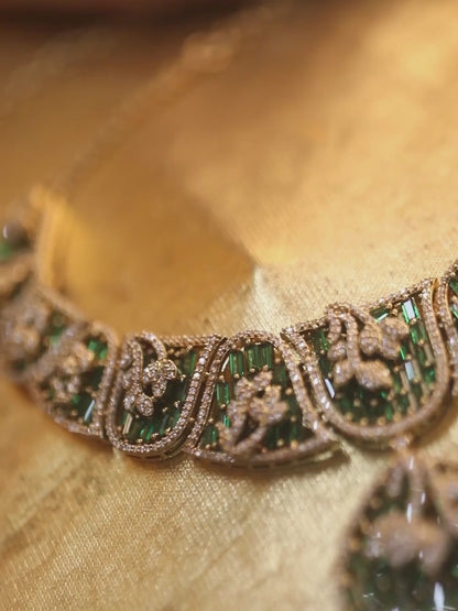 Elegant Emerald & Diamond Statement Necklace Set with Drop Earrings