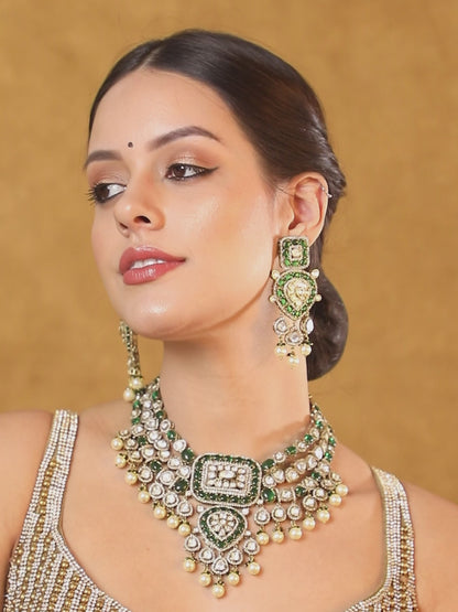 Elegant Green Kundan-Polki Gold-Toned & White Gold Plated Handcrafted Necklace Set