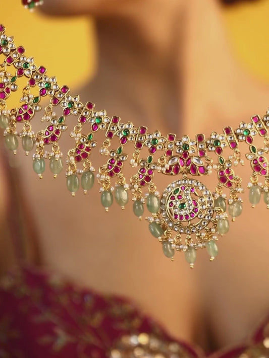 Gold Plated Kundan Necklace Set with Pink & Green Stones and Drop Beads