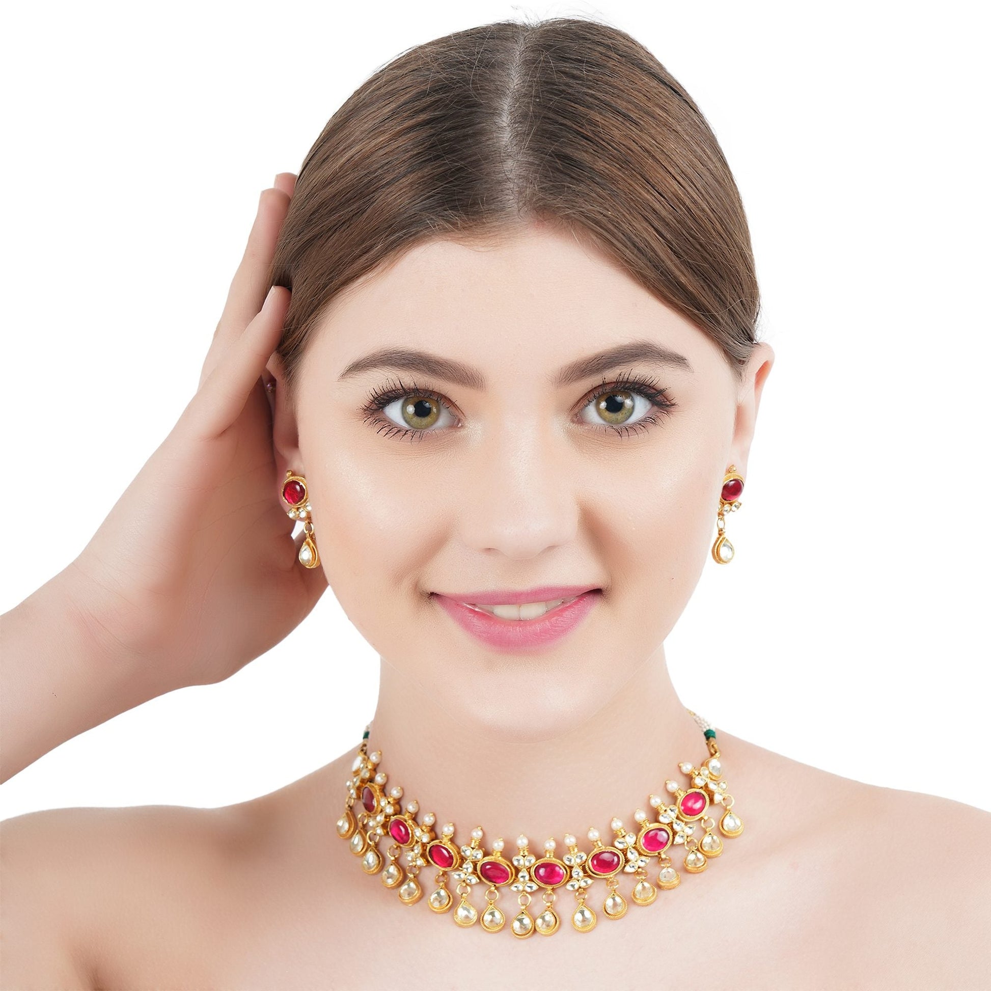Pristine Choker Set with Red Semi Precious Stone - Auraa Trends - Necklaces Pristine Choker Set with Red Semi Precious Stone