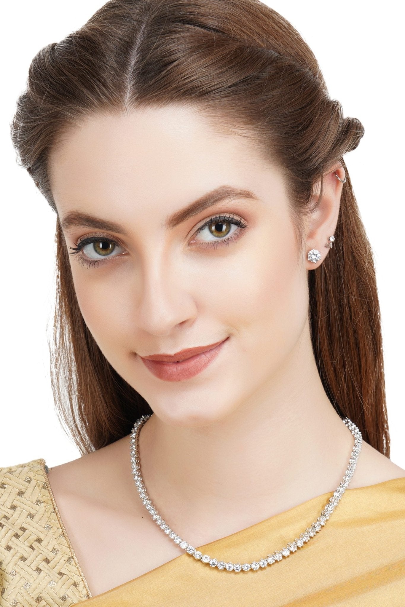 Pristine Rhodium Finish Diamond Necklace set - Auraa Trends - AD - # - Auraa Trends - diamond necklace set price in india