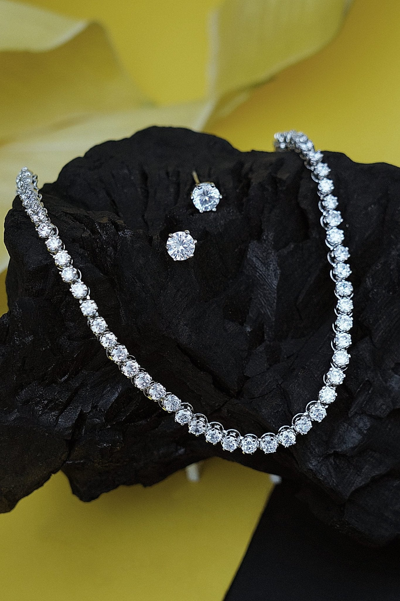 Pristine Rhodium Finish Diamond Necklace set - Auraa Trends - AD - # - Auraa Trends - Buy iamond necklace set price in india