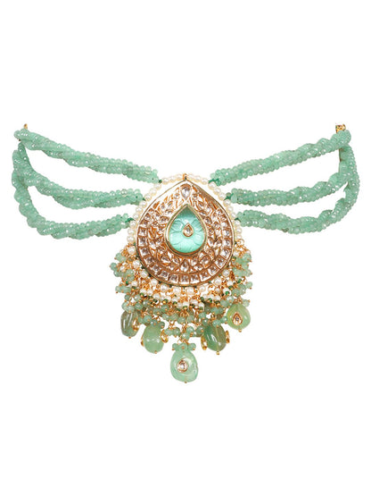 Radiant Gold Plated Turquoise Blue Kundan Traditional Choker Set - Auraa Trends - Necklaces -