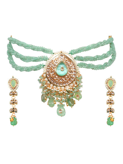 Radiant Gold Plated Turquoise Blue Kundan Traditional Choker Set - Auraa Trends - Necklaces -