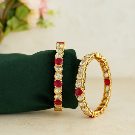 Red and White Stone Studded Gold - Plated Bangles for Women - Auraa Trends - Bangles -  - Auraa Trends - "Gold - plated red and white stone - studded bangles for women – bridal and festive jewelry set"