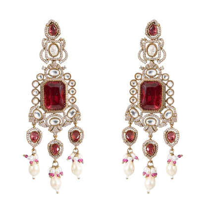 Red Kundan Pearl Choker Necklace Set with Earrings for Bridal and Traditional Wear - Auraa Trends - Necklace -  - Auraa Trends - “Red kundan and pearl choker necklace with matching earrings” “Bridal antique gold choker with red stones and pearl drops” “Statement Indian wedding jewelry set with red and white kundan stones”